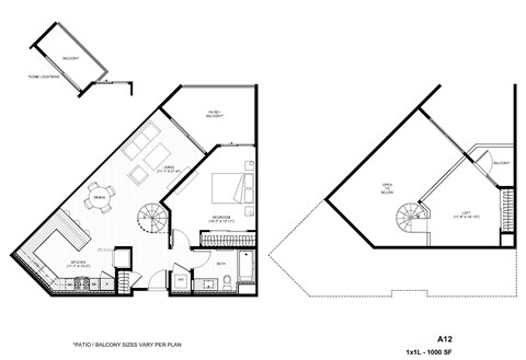 Floor plan for 1 bed, 1 bath, 1000 sqft
